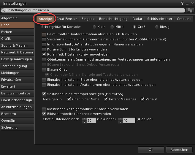 Einstellungen - Chat - Anzeige
